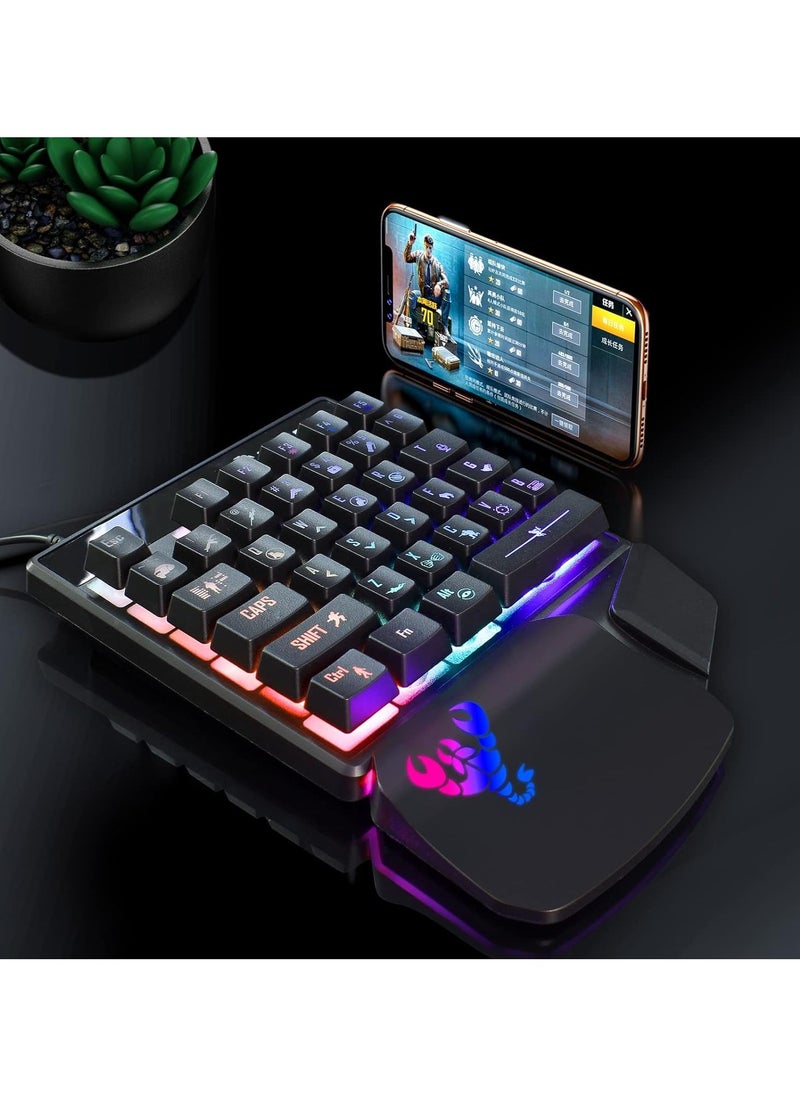 لوحة مفاتيح ألعاب HXSJ V400 بيد واحدة ولوحة مفاتيح سلكية بإضاءة RGB ملونة ولوحة مفاتيح مريحة لوضع اليد باللون الأسود