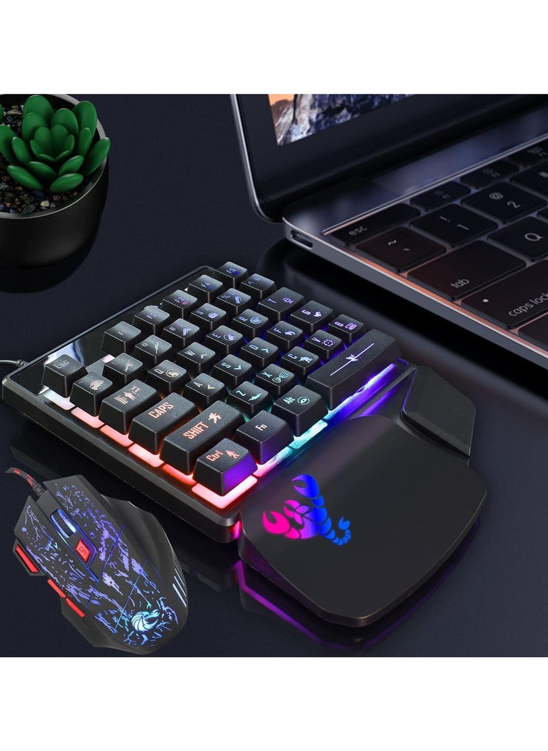 لوحة مفاتيح ألعاب HXSJ V400 بيد واحدة ولوحة مفاتيح سلكية بإضاءة RGB ملونة ولوحة مفاتيح مريحة لوضع اليد باللون الأسود