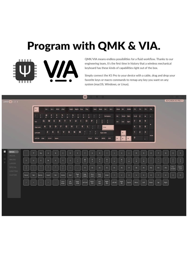 Keychron - K5 Pro QMK/VIA Ultra-Slim Wireless Bluetooth/Wired USB Custom Mechanical Keyboard, 108-Key Programmable Macro RGB Backlight PBT Keycaps Low-Profile Gateron Red Switch for Mac Windows Linux - Image 1