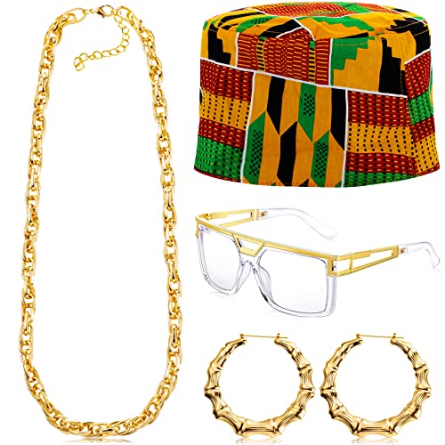 Sureio 4 Pcs Halloween 80s 90s Hip Hop Costume African Kufi Hat Jewelry Rapper Accessories for Women Men Freaknik Party(Fresh Style) - Image 1