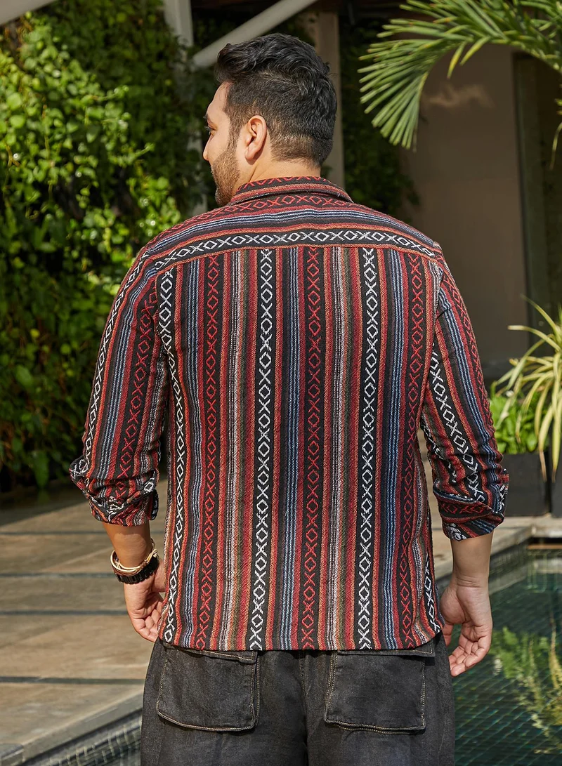 Instafab Plus  Instafab Plus Men's Scarlet Red & Obsdian Black Folk-Weave Shirt For Casual Wear | Spread Collar | Long Cuffed Sleeves | Button Closure | Plus Size Shirt Crafted With Comfort Fit For Everyday Wear for Men | Best Price UAE