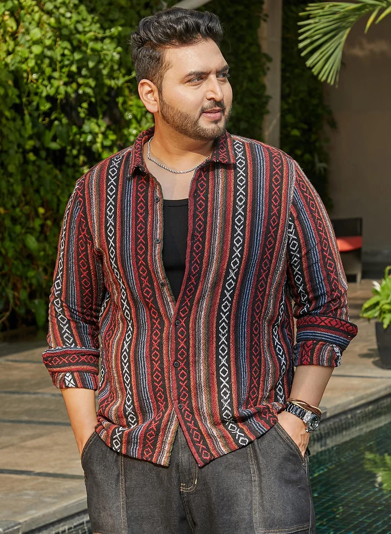 انستافاب بلس قميص رجالي منسوج بنمط شعبي بلون أحمر قرمزي وأسود أوبسيديان، مقاس كبير، بياقة ممتدة وأكمام طويلة بأزرار، مريح للارتداء اليومي