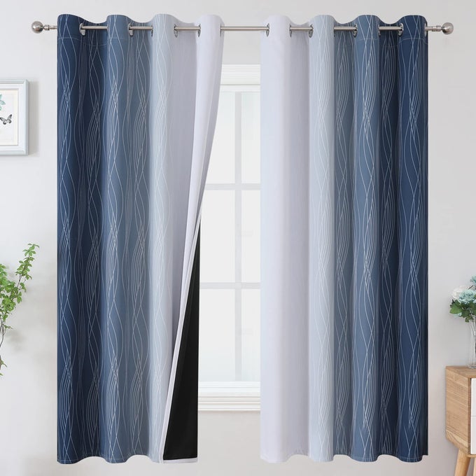 FULL ROOM DARKENING GREYISH WHITE AND NAVY BLUE BLACKOUT CURTAINS 63 INCH LENGTH 2 PANELS SETOMBRE THERMAL INSULATED FULL LIGHT BLOCKING GROMMET BLACKOUT DRAPES FOR BOYS ROOM52WX63L