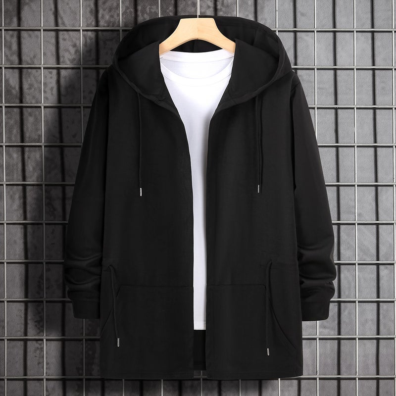 Medium-length Hooded Jacket Dull Black Mens Trench Coat Waist-drawstring Casual Style Fall Winter Fashion Outerwear Black 