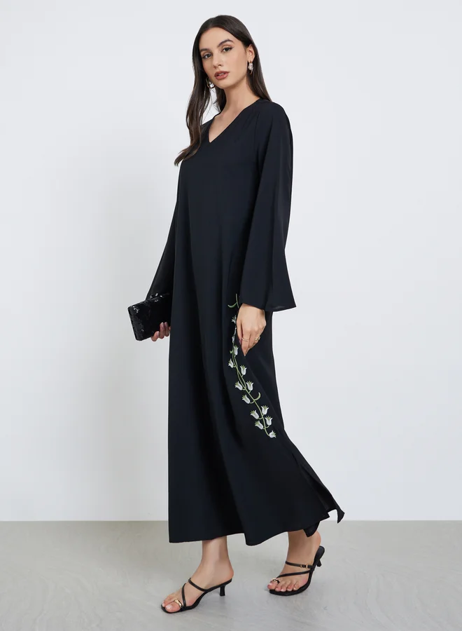 Take Two Take Two Black Floral Embroidery Jalabiya with Slit Hem