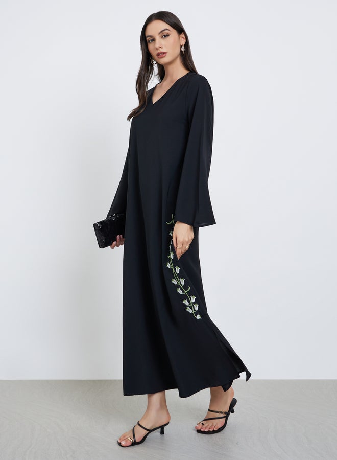 Take Two Black Floral Embroidery Jalabiya with Slit Hem - Image 1