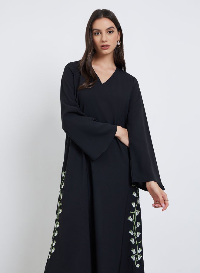 Take Two Black Floral Embroidery Jalabiya with Slit Hem - Image 3