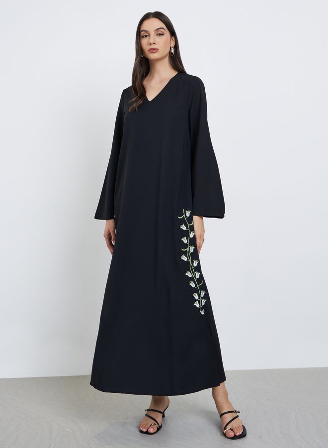 Take Two Black Floral Embroidery Jalabiya with Slit Hem - Image 2