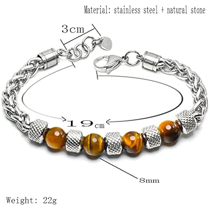 rayihni Mens Bead Bracelet, Natural Stone Multi Colored Beads Stainless Steel Link Chain Bangles Tiger Eye Beaded Bracelet Male Jewelry (8 Mm) - Image 2