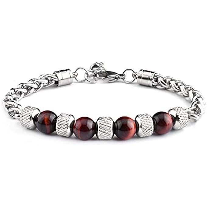 rayihni Mens Bead Bracelet, Natural Stone Multi Colored Beads Stainless Steel Link Chain Bangles Tiger Eye Beaded Bracelet Male Jewelry (8 Mm) - Image 1