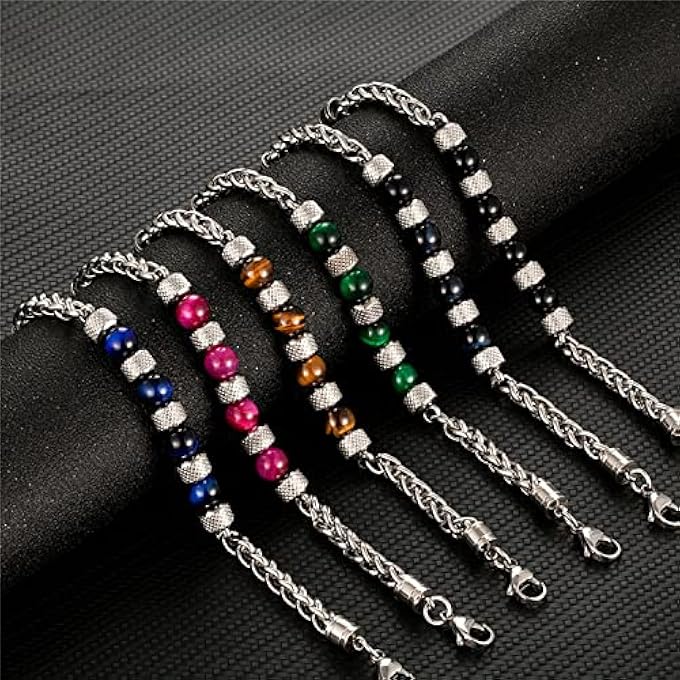 rayihni Mens Bead Bracelet, Natural Stone Multi Colored Beads Stainless Steel Link Chain Bangles Tiger Eye Beaded Bracelet Male Jewelry (8 Mm) - Image 5
