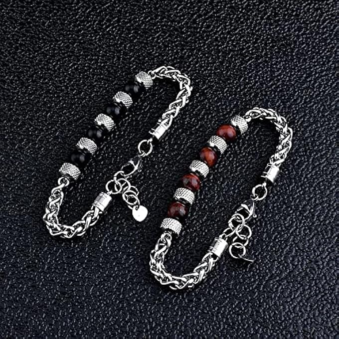 rayihni Mens Bead Bracelet, Natural Stone Multi Colored Beads Stainless Steel Link Chain Bangles Tiger Eye Beaded Bracelet Male Jewelry (8 Mm) - Image 4