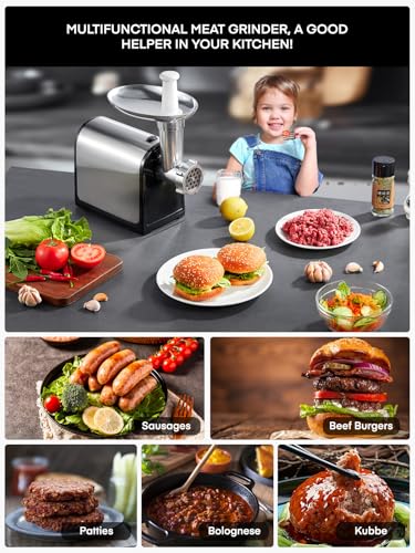 HOUSNAT Electric Meat Grinder, 3200W Max Meat Grinders for Home Use, HOUSNAT 3 in 1 Heavy Duty Meat Mincer with 2 Blades and 3 Plates, Sausage Stuffer Tube & Kubbe Kit, Stainless Steel - Image 3