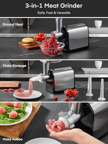 HOUSNAT Electric Meat Grinder, 3200W Max Meat Grinders for Home Use, HOUSNAT 3 in 1 Heavy Duty Meat Mincer with 2 Blades and 3 Plates, Sausage Stuffer Tube & Kubbe Kit, Stainless Steel - Image 2