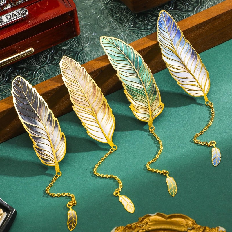 emmoolife 4 Pieces Metal Feather Bookmarks with Chain, Birthday Gifts Book Mark Bookmarks for Book Lovers Writers Readers Children Teens Men Women Adults Teacher - Image 1