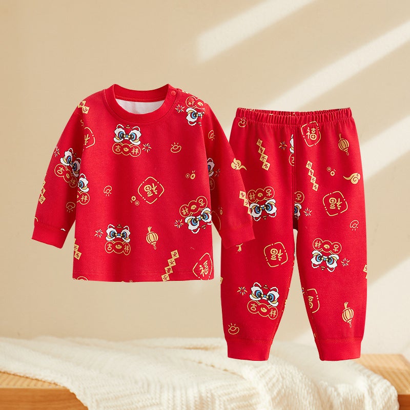 New Year New Children''s Autumn Clothes and Pants suit Baby Girl Red Pajamas Baby Autumn and Winter Cotton Thermal Underwear for Men - Image 1