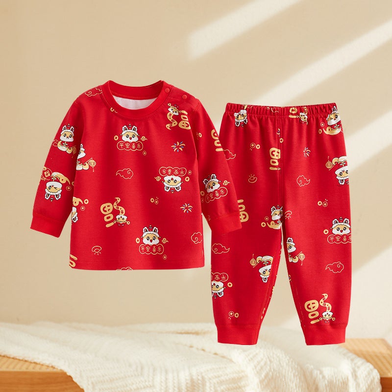 New Year New Children''s Autumn Clothes and Pants suit Baby Girl Red Pajamas Baby Autumn and Winter Cotton Thermal Underwear for Men - Image 2