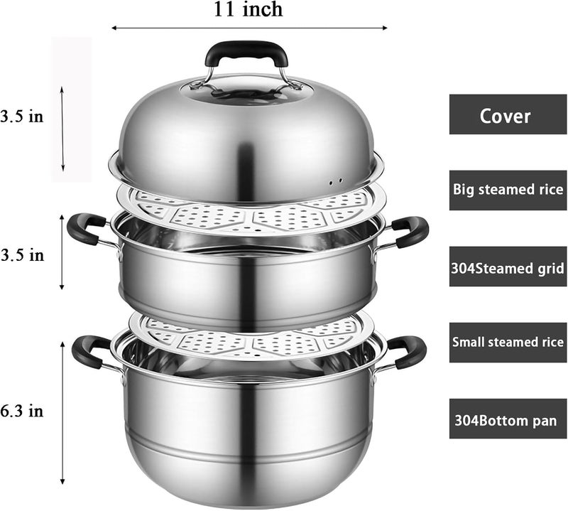MANO Steamer Pot for Cooking 11 inch Steam Pots with Lid 2-tier Multipurpose Stainless Steel Steaming Pot Cookware with Handle for Vegetable, Dumpling, Stock, Sauce, Food - Image 2
