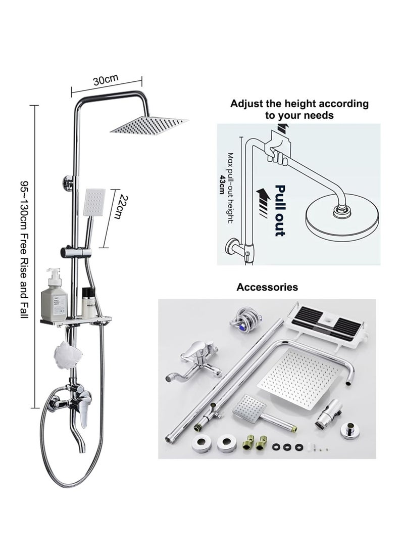 Bathroom Shower Set, Copper Plating Large Square Head Handheld Shower Wall Mount Triple Function Rainfall Shower Thermostatic Valve Mixer Set Bathroom Shower Liftable Shower Column (Silver) - Image 5