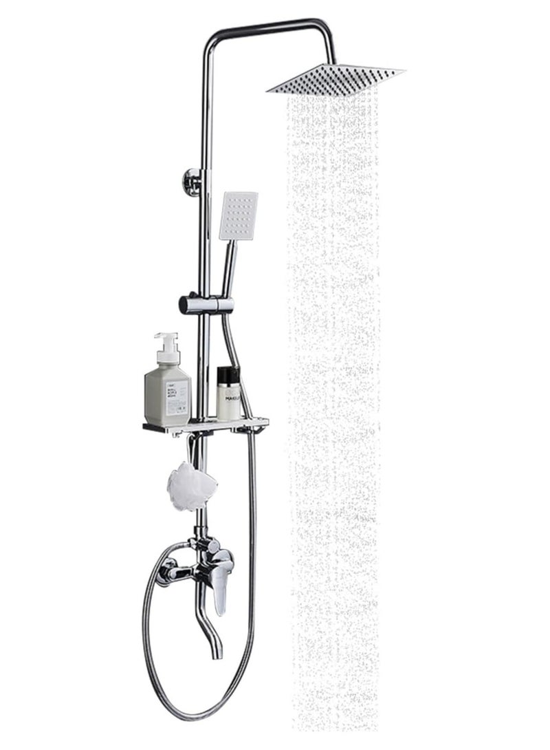 Bathroom Shower Set, Copper Plating Large Square Head Handheld Shower Wall Mount Triple Function Rainfall Shower Thermostatic Valve Mixer Set Bathroom Shower Liftable Shower Column (Silver) - Image 1