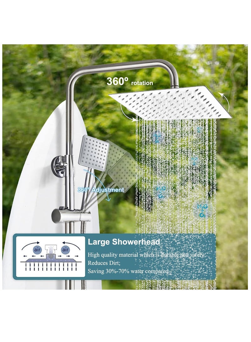 Bathroom Shower Set, Copper Plating Large Square Head Handheld Shower Wall Mount Triple Function Rainfall Shower Thermostatic Valve Mixer Set Bathroom Shower Liftable Shower Column (Silver) - Image 3