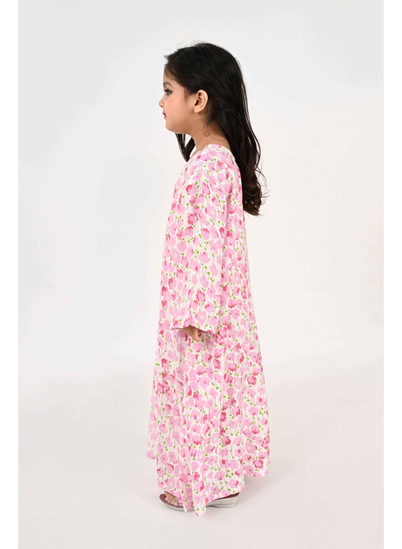 Linelle Kids Jalabiya – White Base with Pink Florals and Embroidered Neckline - Image 2