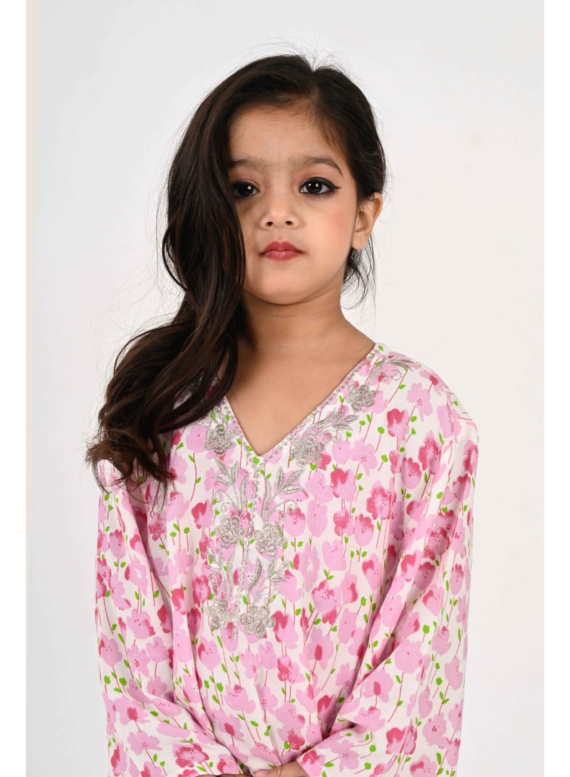 Linelle Kids Jalabiya – White Base with Pink Florals and Embroidered Neckline - Image 4