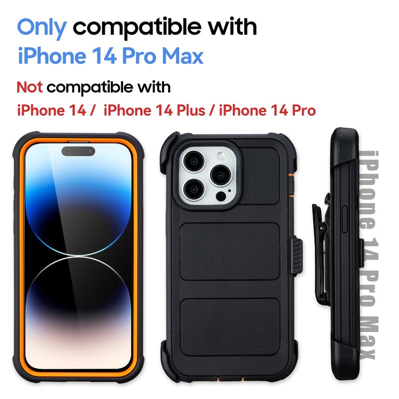 Saiboro Defender for iPhone 14 Pro Max Case with Clip Holster,Heavy Duty Rugged Full-Body,2 Layers of Sturdy,Anti-Drop,Military-Grade Defender Cover for iPhone 14 Pro Max Phone Case (Black & Orange) - Image 4
