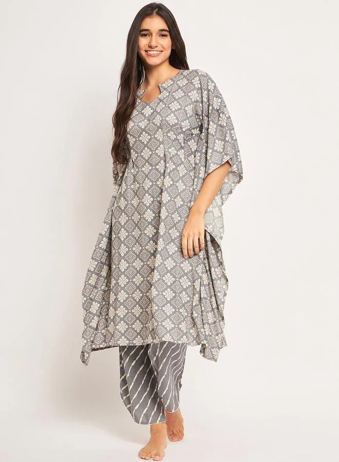 Take Two Grey Floral Kaftan Nightdress with Trousers Set By The Kaftan Company