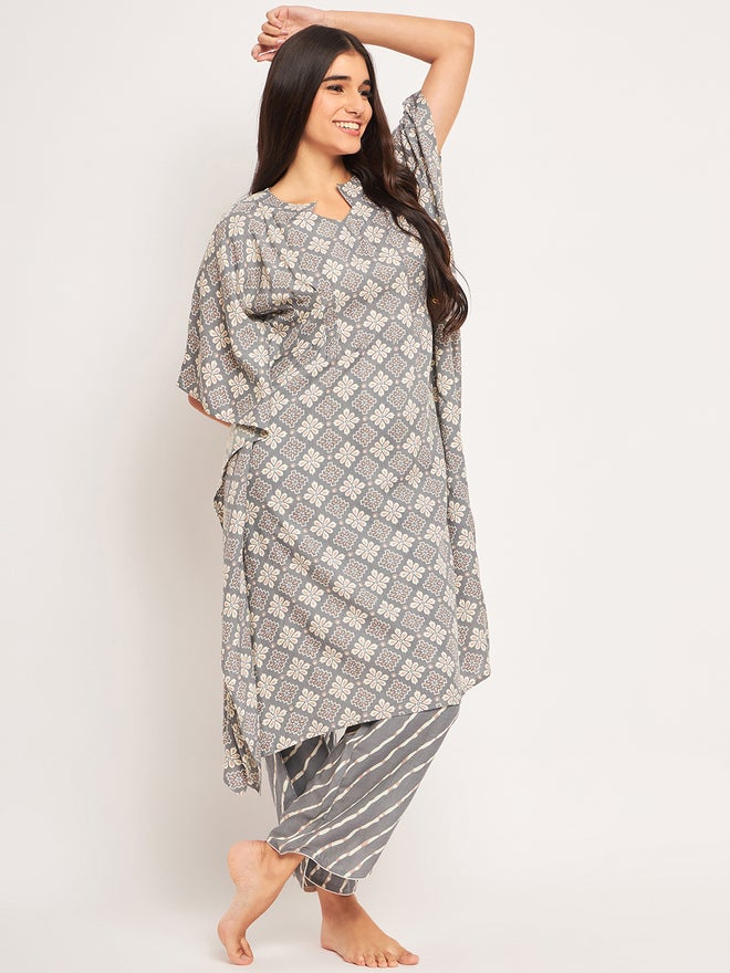 The Kaftan Company Grey Floral Kaftan Nightdress with Trousers Set - Image 3