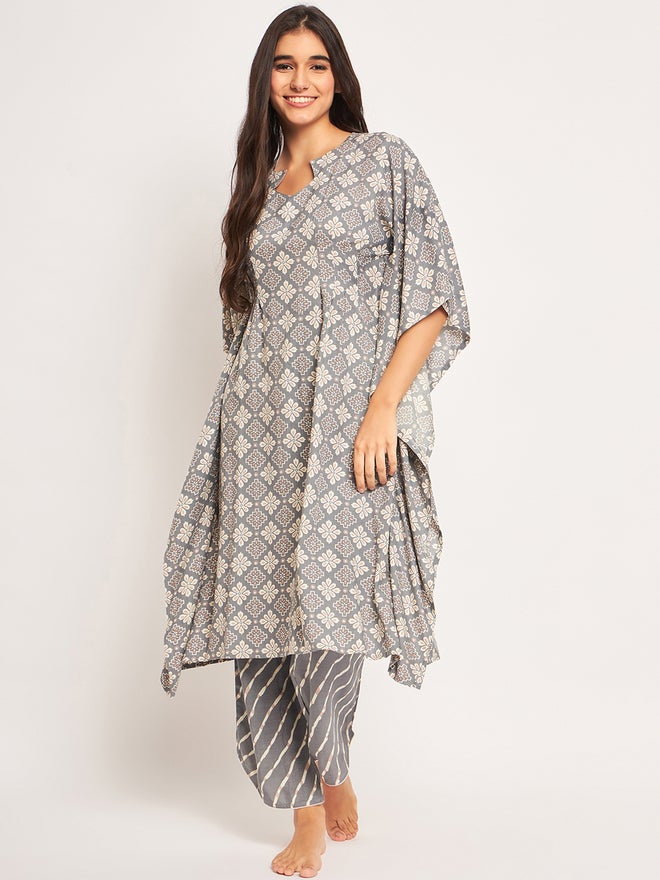 The Kaftan Company Grey Floral Kaftan Nightdress with Trousers Set - Image 2