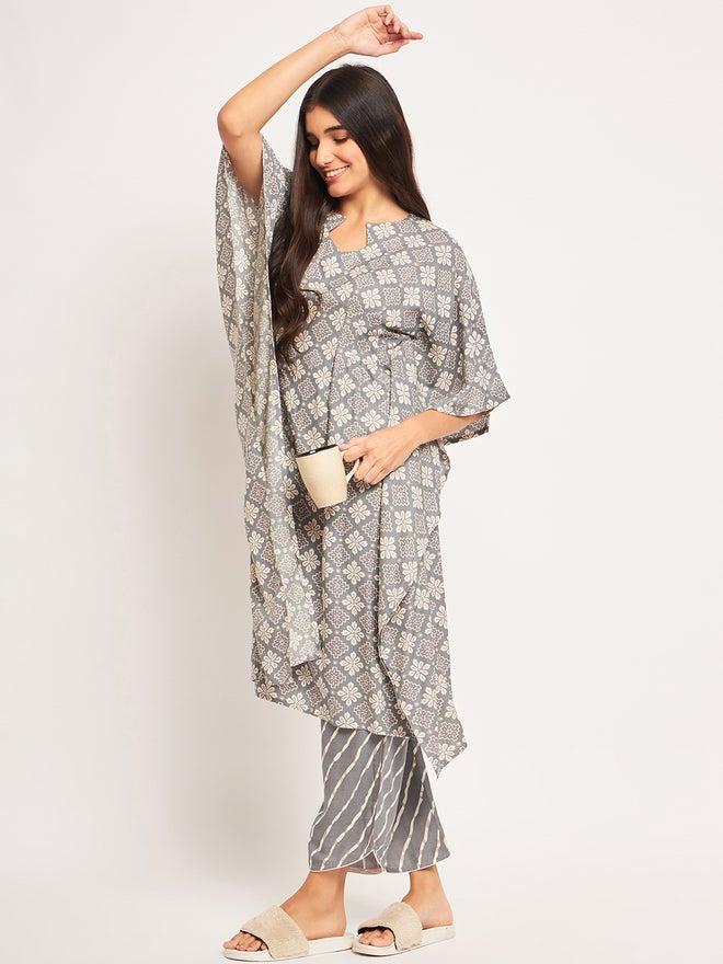The Kaftan Company Grey Floral Kaftan Nightdress with Trousers Set - Image 1
