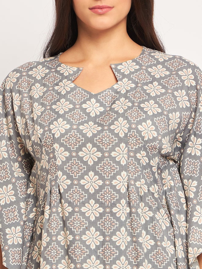 The Kaftan Company Grey Floral Kaftan Nightdress with Trousers Set - Image 4