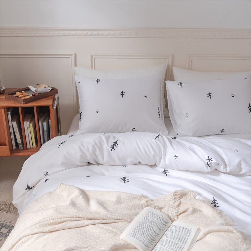 BuLuTu Kids Duvet Cover Full Cotton White/Grey,Premium Boys Girls Bedding Sets Queen,Double Bed Comforter Cover Zipper Closure,Forest Tree Print Pattern,Super Soft,Breathable,No Comforter - Image 2
