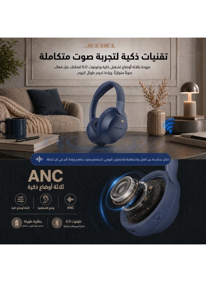 جيبيل سماعة جيبل ANCPRO اللاسلكية الذكية بعزل ضوضاء متقدم بصوت ستيريو عميق بلوتوث 6.0 وقت تشغيل 55 ساعة واتصال متعدد الاجهزة وثلاثة اوضاع تشغيل لون كحلي - Image 2