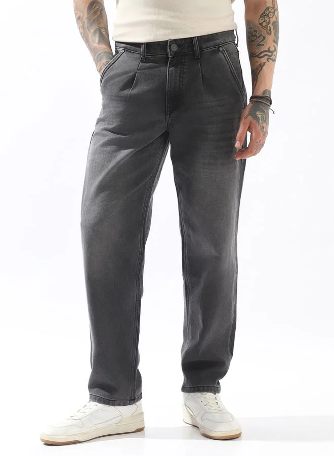 Hubberholme Men's Grey 100% Polyester Solid Pattern Full Length Pleat Front Relaxed Jeans