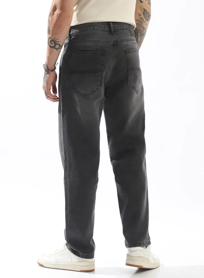 Hubberholme Men's Grey 100% Polyester Solid Pattern Full Length Pleat Front Relaxed Jeans