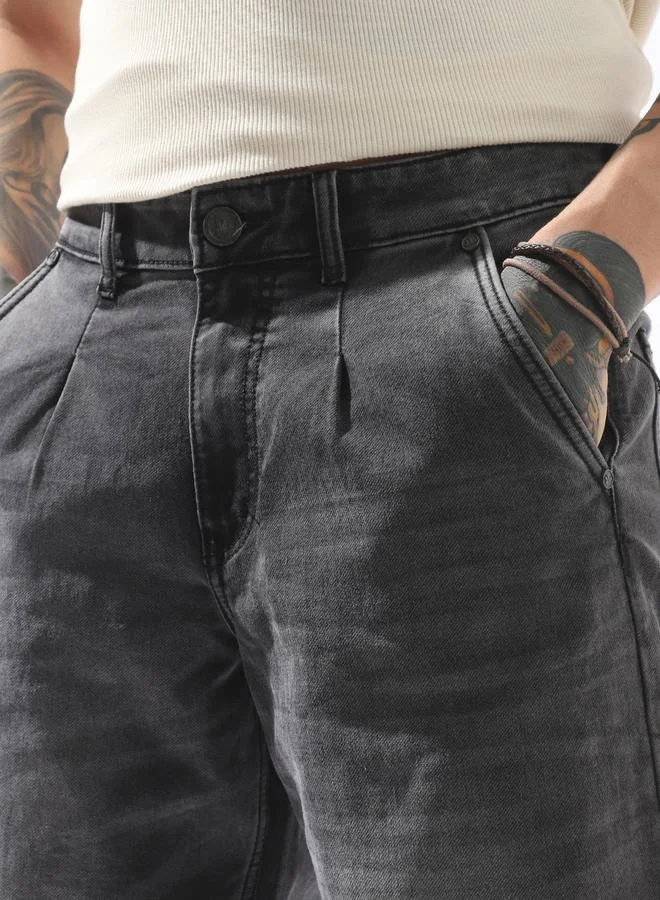 Hubberholme Men's Grey 100% Polyester Solid Pattern Full Length Pleat Front Relaxed Jeans