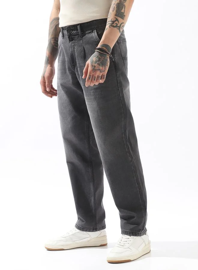 Hubberholme Men's Grey 100% Polyester Solid Pattern Full Length Pleat Front Relaxed Jeans