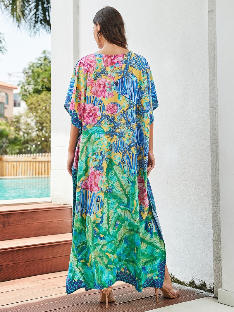 IMAGEKOPE Women's Plus Size Loose Fit Moroccan Print V-Neck Batwing Kaftan Beach Dress Bathing Suit Cover Up - Image 5
