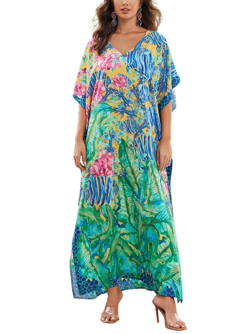 IMAGEKOPE Women's Plus Size Loose Fit Moroccan Print V-Neck Batwing Kaftan Beach Dress Bathing Suit Cover Up - Image 1