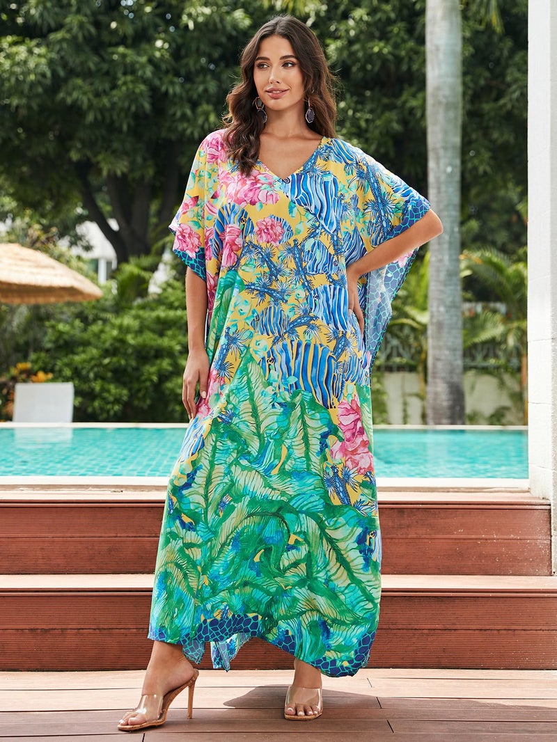 IMAGEKOPE Women's Plus Size Loose Fit Moroccan Print V-Neck Batwing Kaftan Beach Dress Bathing Suit Cover Up - Image 3