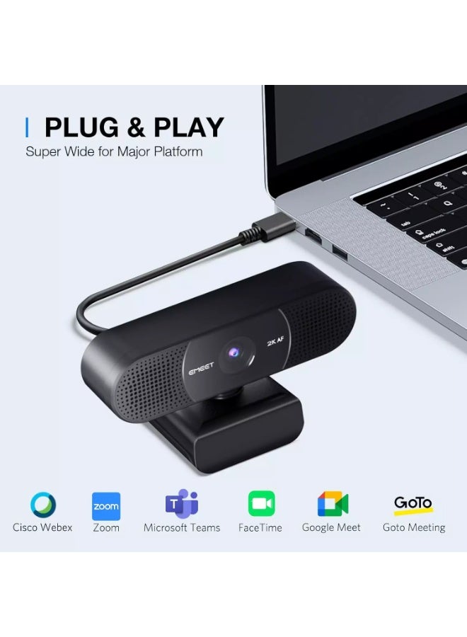 eMeet C960 2K Webcam with Microphone, 2K QHD, 2 Noise-Reduction Mics, TOF Autofocus Streaming Webcam with Privacy Cover - Image 2