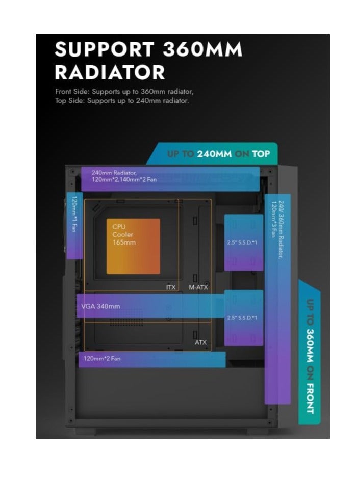 دارك فلاش حافظة كمبيوتر ألعاب DarkFlash DK260 Air Mesh متوسطة البرج، حافظة كمبيوتر ألعاب ATX M-ATX ITX 4x مراوح ARGB مثبتة مسبقًا، مشعاع 360 مم، دعم 6x مراوح، فولاذ وزجاج مقسى، دعم بطاقة الرسومات - Image 4