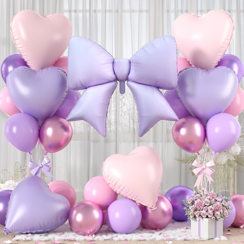 Vibzox Purple Bow Foil BalloonsPink Purple Heart Foil Balloons and Bow Print Balloons for Women Birthday Baby Shower Valentines Day Party Decorations - Image 3