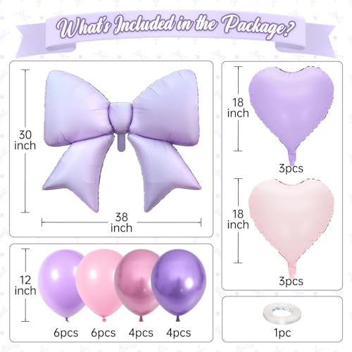 Vibzox Purple Bow Foil BalloonsPink Purple Heart Foil Balloons and Bow Print Balloons for Women Birthday Baby Shower Valentines Day Party Decorations - Image 5