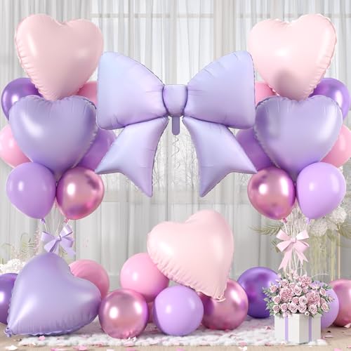 Vibzox Purple Bow Foil BalloonsPink Purple Heart Foil Balloons and Bow Print Balloons for Women Birthday Baby Shower Valentines Day Party Decorations - Image 1
