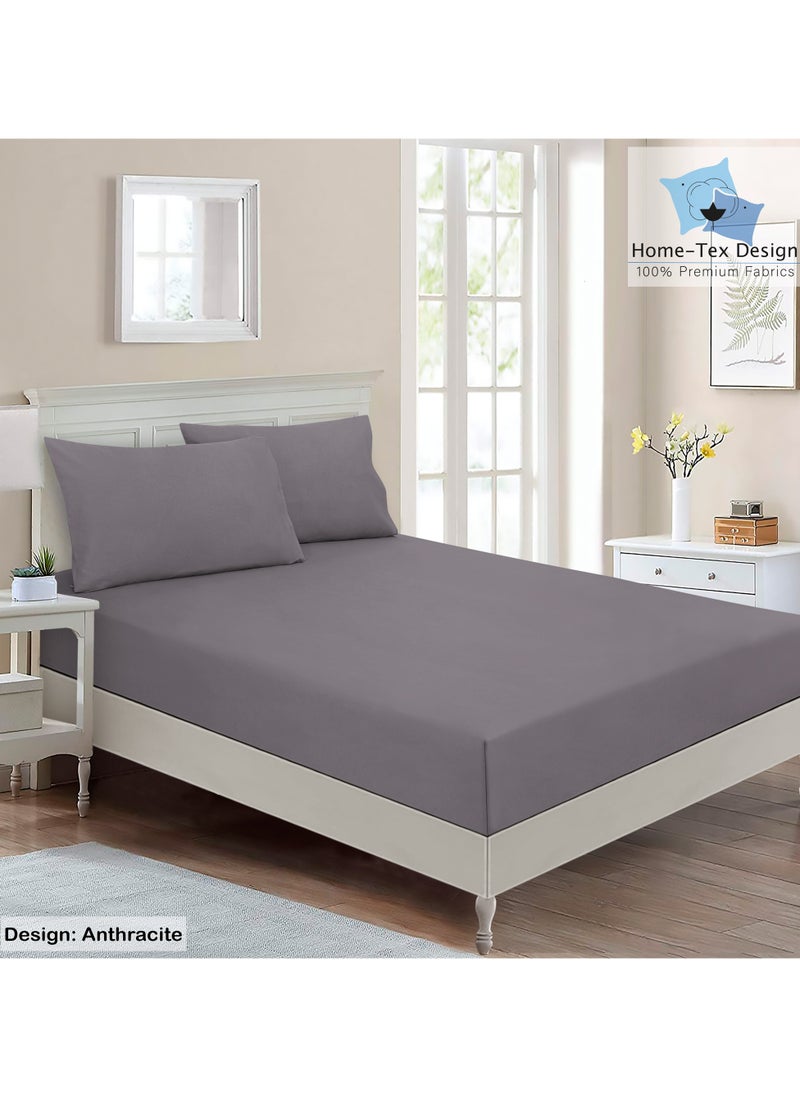 Home-Tex Design - Hometex Design Premium 100% Long Stable Cotton Fitted Bed Sheet Set King Size 1 Fitted Sheet 180x200 cm and 2 Pillow Covers 50x80 cm with All Around Elastic Antracite - Image 1