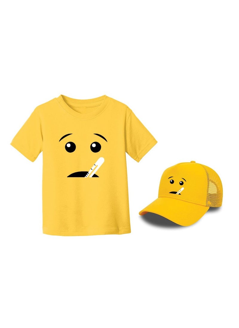 PRINTSHOP4ME - Kids Yellow Smiley Face Pack Of 2 T-Shirt And Cap Combo–Unisex Round Neck Short Sleeve Cotton T-Shirt - Image 1