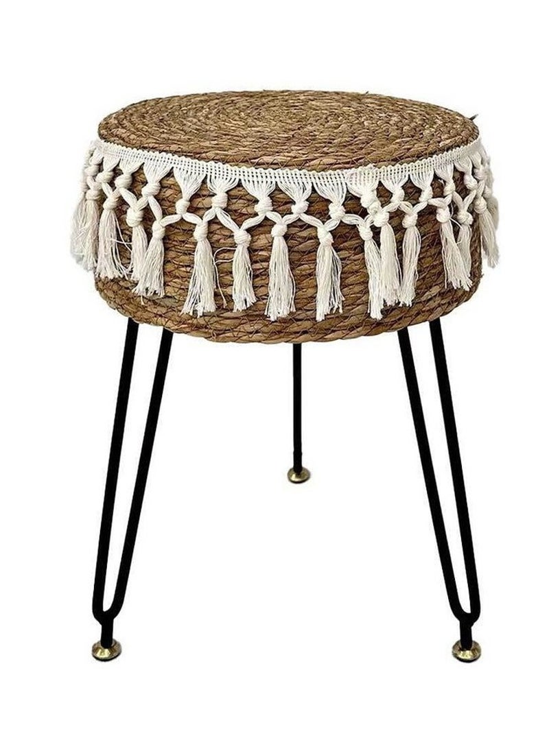 FFD Handwoven Natural Dark Brown Seagrass Footstool - 32x45cm Round Ottoman Pouf with Metal Legs - Versatile Vanity Stool for Living Room, Bedroom, Balcony - Image 1